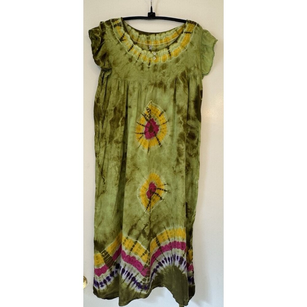 green cotton colorful Flutter Sleeve Thailand Midi Dress Boho Fairy Hippie o/s
